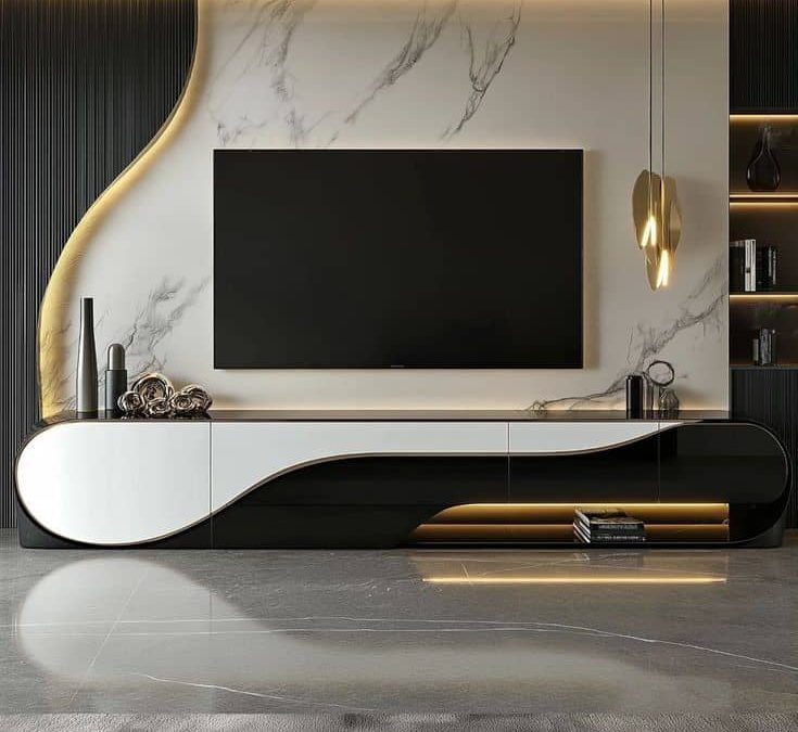 راهنمای کامل طراحی میز تلویزیون دیواری و دیوار TV با ترمووال و کاورهای مدرن چوبی